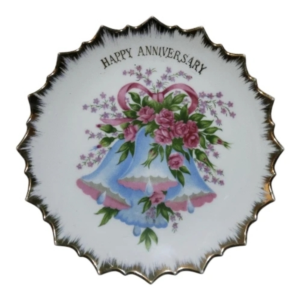 VTG LEGO 8" Collector Plate HAPPY ANNIVERSARY Gold Blue Bells Pink Roses 3974